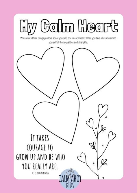 Calm Heart Craft {self love and mindful breathing for kids} - Calm Ahoy Kids Therapy Valentines Day Activities, Affirmation Crafts For Kids, Self Love Crafts For Kids, Calm Activities For Kids, Mindfulness Art For Kids, Health And Wellness Activity For Kids, Mental Health Crafts For Kids, Self Love Crafts, Psed Activities