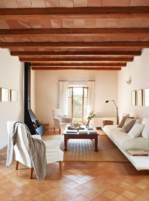 tiles. Terracotta Tiles Living Room, Red Tile Floor, Terracotta Living Room, Terracotta Tile Floor, Tile Bedroom, Tiles Living Room, Tile Floor Living Room, Modern Rustic Living Room, Terracotta Tile