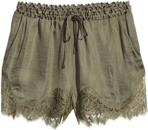 H&M Satin Shorts - Khaki green Short Satin, Lace Trim Shorts, Satin Shorts, Casual School Outfits, H&m Shorts, Mini Short, Virtual Closet, Khaki Shorts, Green Lace