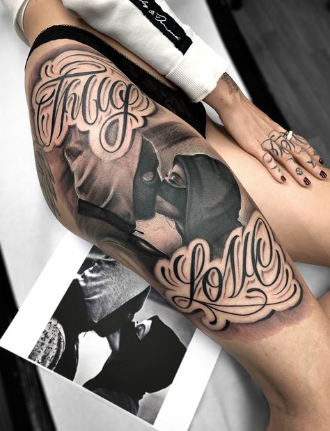 Thug Couple Tattoos, Gangsta Love Tattoos, Thug Tattoos For Women Leg, Thug Love Tattoo, Gangsta Love Couple, Gangsta Couple Tattoos, Thug Tattoos For Women Sleeve, Devilish Tattoos, Gangster Couple Tattoos