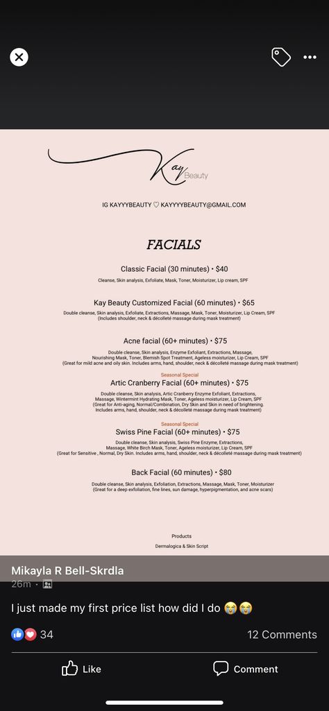 Facial Descriptions Skin Care, Esthetician Menu Price List, Service Menu Esthetician, Facials Price List, Esthetics Service List, Names For Facials, Facial Supply List, Esthetician Price List Template, Esthetician Facial Price List