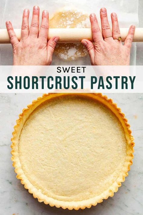 Sweet Shortcrust Pastry (Pâte Sucrée) Pâte Sucrée, or sweet shortcrust pastry, is a rich, slightly crumbly pastry with a higher ratio of fat to flour than some other pastry recipes. With added sugar, it's slightly sweet and very good. Pate Sucree Recipe, Pasta Dough Recipes, Baking Basics, Pasta Dough, Shortcrust Pastry, Sweet Pastries, Pie Dough, Pies & Tarts, Dried Beans