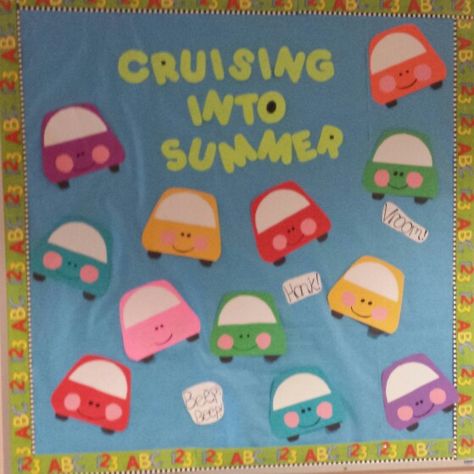 Cruising into summer #preschool #Daycare #bulletinboard Summer Bulletin Board For Toddlers, June Classroom Themes, Summer Board Ideas For Toddlers, May Bulletin Board Ideas Daycare, Summer Bulletin Boards For Toddlers, June Door Ideas For Classroom, Summer Bulliten Boards, June Bulletin Board, June Door Decorations Preschool