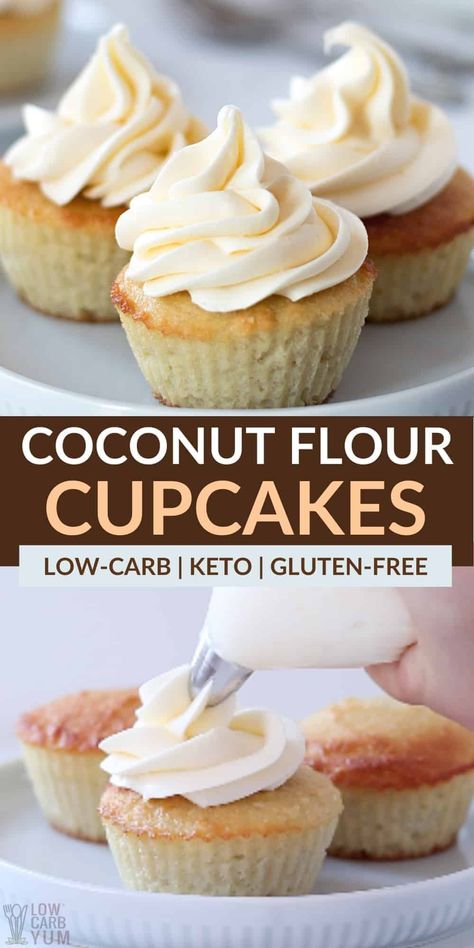 The texture of these low carb coconut flour cupcakes is nice and airy. Top with a sweet sugar-free buttercream frosting and a sprinkling of coconut. Malibu Food, Coconut Flour Cupcakes, Coconut Flour Desserts, Coconut Flour Cake Recipes, Coconut Cupcake Recipes, Sugar Free Cupcakes, Coconut Flour Cakes, Low Carb Treat, Sugar Free Frosting