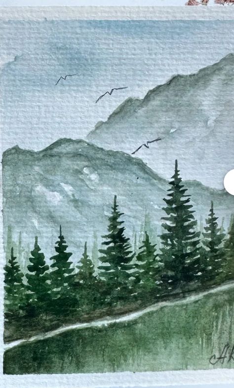 Watercolor Mountain Painting, Forest Watercolor Painting Easy, Watercolour Landscape Easy, Simple Watercolor Landscape, Watercolor Cabin, Easy Watercolor Landscape, Watercolor Painting Easy, Watercolor Pencil Art, Forest Watercolor