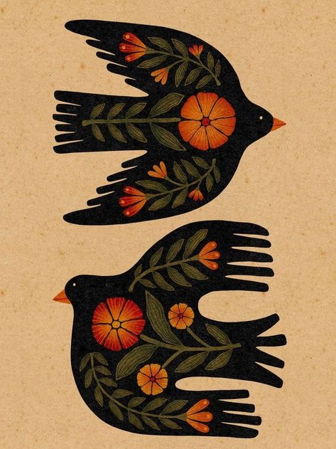 Crow Folk Art, Rabbit Folk Art, Art Deco Illustration Graphics, Mexican Murals, Folk Art Tattoo, Mexican Motifs, Ukrainian Folk Art, Folk Bird, Folk Art Birds