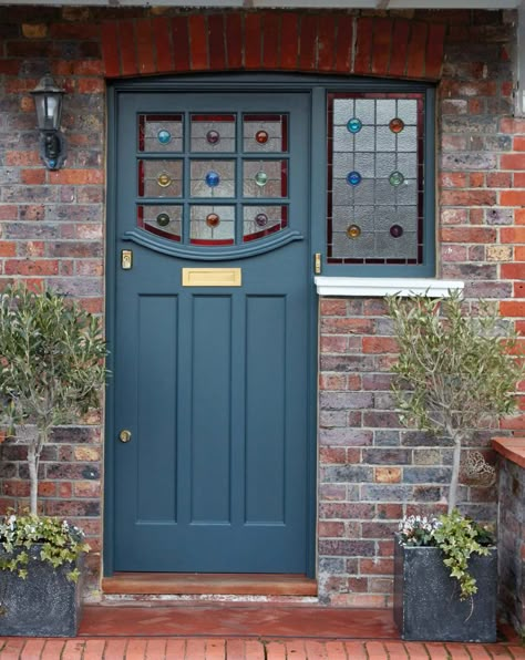 1930s Front Door, Stained Glass Front Door, Unique Front Doors, Front Door Lighting, Front Door Styles, Blue Front Door, Entry Doors With Glass, Exterior Doors With Glass, Front Door Paint Colors