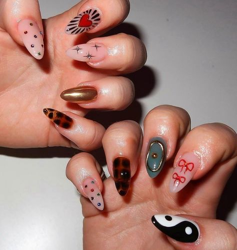 Edgy Spring Nail Designs, Eccentric Nail Designs, Funky Valentine's Nails, Funky Fun Nails, Fall Maximalist Nails, Maximalist Christmas Nails, Maxamilist Nails, Fall Funky Nails, Mix And Match Nails Design