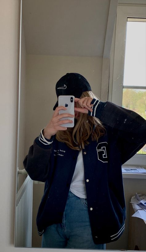 Aelfriceden Varsity Jacket streetwear Dark blue Womens Letterman Jacket, Veracity Jacket Outfit, Navy Varsity Jacket Outfit, Blue Jacket Outfits Aesthetic, Varsity Jacket Outfit Blue, Varsity Jackets Aesthetic, College Jacket Aesthetic, Blue Suede Jacket Outfit, Oversized Varsity Jacket Outfit Women