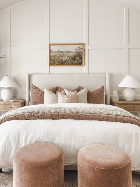 Find the perfect balance of comfort and style with these 15 beautiful bedroom designs. Blush Neutral Bedroom, Neutral Bedroom With Blush Accents, White And Taupe Bedroom, Neutral Pink Bedroom, Warm Neutral Bedroom, Nuetral Bedroom, Parisian Inspired Bedroom, Greige Bedroom, Neutral Bed