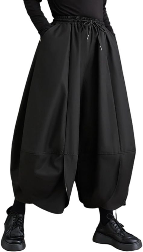 ellazhu Women's Puffy Drawstring Elastic Waist Hakama Harem Wide Leg Pants GZ81 Black at Amazon Women’s Clothing store Harem Pants Jumpsuit, Hakama Pants, Pants Jumpsuit, Hippie Clothes, Harem Pants Women, Adventure Outfit, Fashion Design Drawings, Hippie Outfits, Fantasy Fashion