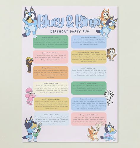 Bluey themed Kids party games and extras. 1: Bluey & Bingo party games and activities 2: Bluey  Guestlist for friends 3: Bluey themed Treasure Hunt for kids to play at the party, can be indoor and/or outdoors. 4: Treasure Hunt Parent Guide ▸ File size: A3 Portrait WHERE CAN YOU PRINT: You can use your printer at home, print shop (Officeworks, Kmart, Target, Costco etc.) or online services such as vistaprint.com, shutterfly.com, snapfish.com. For personal use only. PLEASE NOTE: ► Digital file onl Bluey Themed Games, Bingo And Bluey Birthday Party, Bluey Birthday Party 4, Bluey Games For Party, Bluey Birthday Party Activities, Bluey Birthday Games, Bluey Scavenger Hunt, Twoey Bluey Birthday, Birthday Party Activities For Toddlers