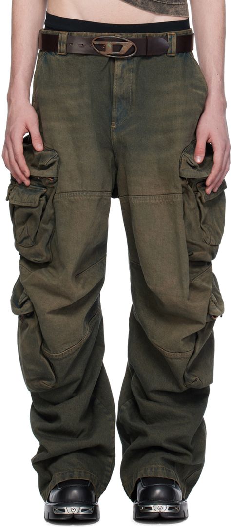 Coated non-stretch denim cargo pants. Fading and gradient effect throughout. · Belt loops and concealed drawstring at waistband · Four-pocket styling · Zip-fly · Flap pockets at legs · Dart at knees · Contrast stitching in tan Part of the Brown Capsule collection. Available exclusively at SSENSE. Supplier color: Brown Pants With Multiple Pockets, Streetwear Cargo Pants With Belt Loops In Dark Wash, Faded Denim Cargo Bottoms, Streetwear Dark Wash Cargo Pants With Patch Pockets, Messy Wardrobe, Diesel Outfit, Military Style Cargo Jeans With Multiple Pockets For Streetwear, Diesel Cargo Pants, Tan Cargo Pants