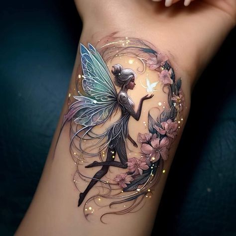 I'm not a fairy person, but i think this is beautiful and like the style of the work Fairy With Books Tattoo, Fairy Tattoo With Flowers, Fairy Color Tattoo, Rose Fairy Tattoo, Fairy In A Jar Tattoo, Beautiful Fairy Tattoo, Fairy Forearm Tattoo Women, Fairy On A Moon Tattoo, Fairies Tattoos For Women