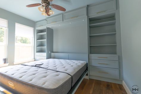 Madewell Woodworks | Crestview King Murphy Bed with.Upper Cabinets Bed Diy Ideas, King Murphy Bed, Bonus Room Playroom, Murphy Bed Office, Build A Picnic Table, Guest Bedroom Office, Build A Murphy Bed, Lake House Bedroom, House Basement