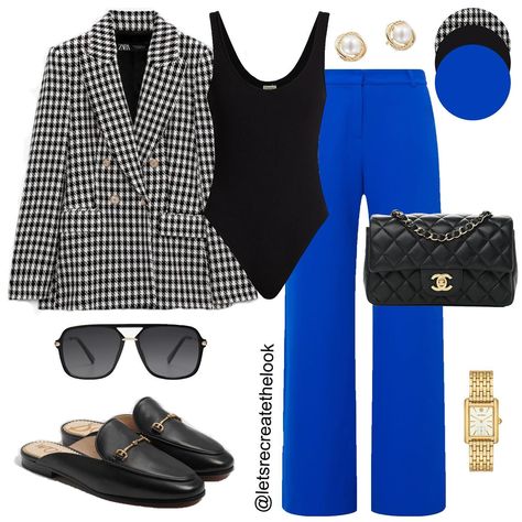 Black/White Houndstooth and Blue - 10 Outfit Ideas 🖤🤍💙 Mixing and matching to maximize my wardrobe, it’s what I do. Here are 10 outfits I will be recreating with items I already have in my closet. Whether for a meeting at my kids school or having lunch with a friend and for my work babes, these looks are great for everyday styling. Just note I’m not much of a heels girl anymore, but if you are, you can easily swap them in and the looks will still work. 😉 Save this post for style inspiration ... Black Blue And White Outfits, Styling Royal Blue Pants, Royal Blue Work Outfit, How To Style A Blazer For Work, Blue Black White Outfit, Royal Blue And Black Outfit, Cobalt Pants Outfit, Royal Blue Pants Outfit Work, Blue Pants Outfit Work