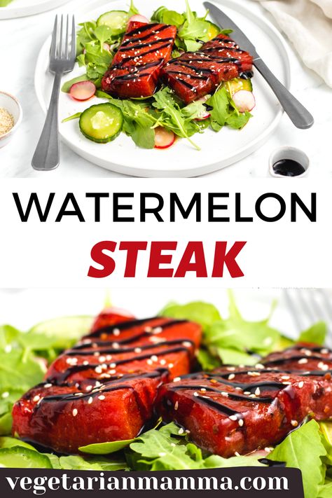 Watermelon Steak is a new recipe that is going to KNOCK. YOUR. SOCKS. OFF! Sweet and saucy, this is going to become your new favorite dish, and I guarantee the whole family is going to love it! #WatermelonSteak #VeganWatermelonSteak #VegetarianMamma Watermelon Steak Recipe, Watermelon Steak, Vegetarian Drinks, Miso Recipe, Raw Tuna, Pan Seared Steak, Vegetarian Burger, Fresh Watermelon, Vegan Gluten Free Recipes