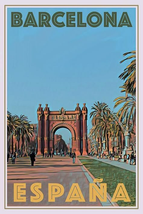 Barcelona •España ~ My Retroposter Barcelona Poster, Arch Gate, Posters Decor, Bawah Air, Vintage Poster Design, Retro Travel Poster, Picture Collage Wall, Vintage Travel Poster, Photo Wall Collage