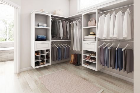 Upgrade your closet with the allen + roth premium Hartford Wood Closet Kit. This wood closet kit will add style and functionality to your closet space. Each premium white wood closet kit includes one solid closet tower, one raised panel drawer kit, two tower shelves, two 3-ft solid shelves, and three expandable closet poles. The allen + roth Hartford Collection coordinates with other Hartford accessories (sold separately), such as drawers, closet towers, shelves, and a pedestal base. allen + rot Allen Roth Closet, Tower Shelves, White Wood Closet, Solid Shelves, White Shoe Storage, Closet Wall Organizer, Closet Redesign, Transitional Closet, Drawers Closet