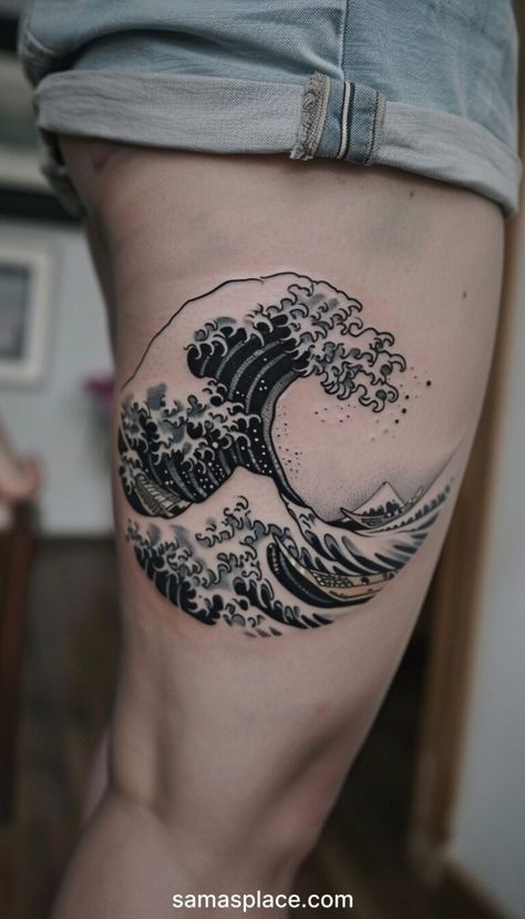 60+ Thigh Tattoos For Women For 2024 Hokusai Wave Tattoo, Great Wave Tattoo, Tattoo Wave, Wave Tattoo Design, Artwork Tattoo, Floral Thigh Tattoos, Circle Tattoos, Wave Tattoo, 4 Tattoo