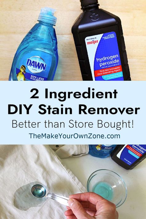 Make your own stain remover with this super simple two ingredient recipe using Dawn dish soap and hydrogen peroxide. It works great and is a great way to save money too. Dawn Cleaner, Homemade Stain Remover, Hydrogen Peroxide Cleaner, Homemade Stain Removers, Remove Deodorant Stains, Stain Remover Clothes, Diy Stain Remover, Laundry Stain Remover, Diy Staining