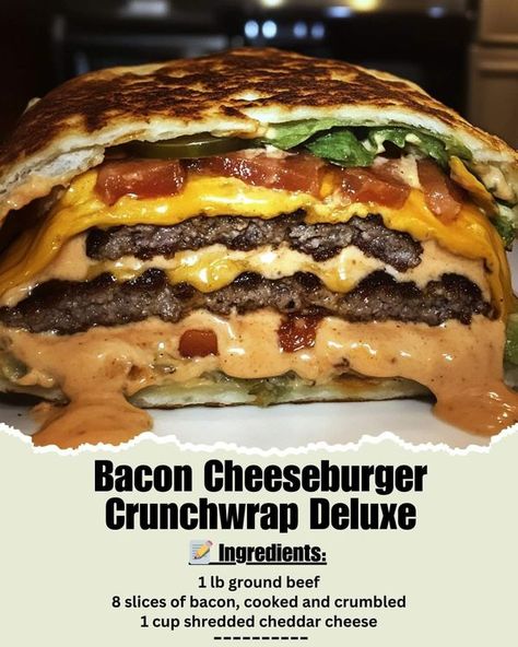 Family Recipes | 🍔 Bacon Cheeseburger Crunchwrap Deluxe - this is your new guilty pleasure | Facebook Cheeseburger Crunchwrap, Cheeseburger Burrito, Creamy Cheese Sauce, Bacon Cheeseburger, Creamy Cheese, Good Burger, Guilty Pleasure, Cheese Sauce, Beef Dishes