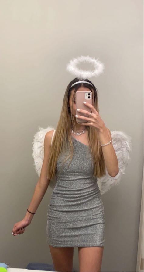 Grey Dress Halloween Costume, Silver Angel Costume, Preppy Angel Costume, Silver Dress Halloween Costume, Simple Angel Costume, Hot Angel Costume, Grey Halloween Costume, Cute Angel Costume, Silver Halloween Costume