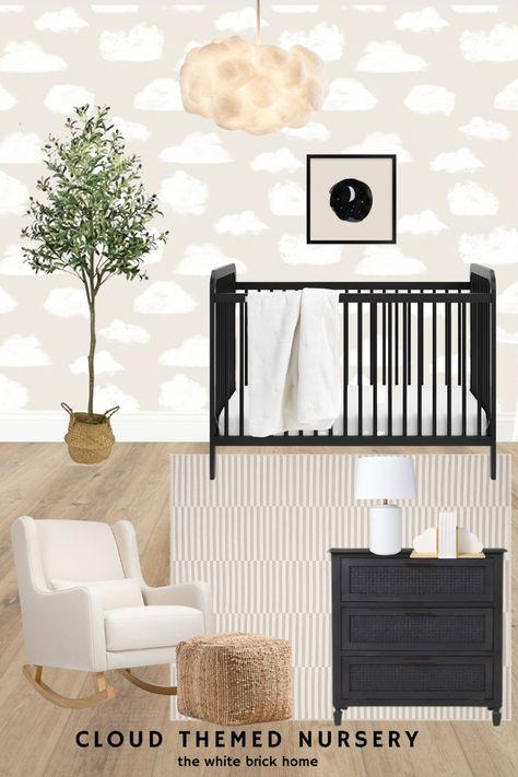 A nursery idea with clouds and moons. A pottery barn inspired nursery design idea that is gender neutral with clouds, moons, and neutral colors. A gender neutral nursery idea with pottery barn wallpaper and gender neutral colors. Nursery Room Inspiration Black Crib, Black And White Neutral Nursery, Black Neutral Nursery, Beige And Black Nursery, Cb2 Nursery, Nursery With Slanted Ceiling, Calm Nursery Ideas, Black And Beige Nursery, Fun Nursery Themes