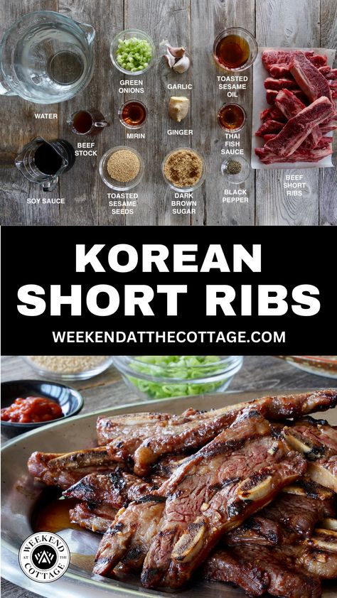 GRILLED KOREAN SHORT RIBS! Ribs are one of my go-to meal ideas, especially for a chill, relaxed get-together. These GRILLED KOREAN SHORT RIBS are especially wonderful because they’re easy to make and can be served either as a snack or an easy-to-enjoy meal. They're surprisingly easy to make too where we take thinly sliced beef short ribs and marinate them in garlic, ginger, brown sugar, and mirin, soy sauce. Fire up the grill, friends! It's Korean Rib Night! #koreanbbq #koreanfood #shortribs Kalbi Beef Short Ribs, Beef Short Ribs Sliced, Garlic Ribs Chinese, Recipes With Short Ribs, Korean Short Rib Marinade, Asian Beef Short Rib Recipes, Best Korean Short Ribs Recipe, Beef Short Ribs Korean Style, Korean Style Ribs Recipes