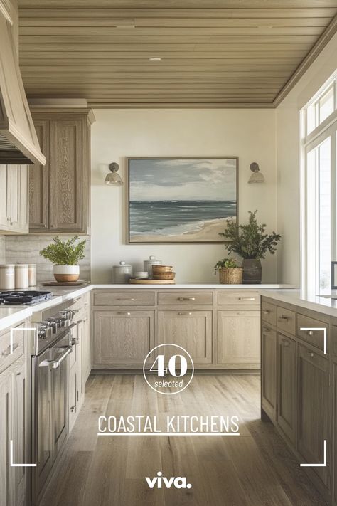 ♥ Are you dreaming of a coastal kitchen for your beach house? Dive into the beauty of this modern coastal kitchen with a stunning beach house interior and decor. Get inspired with coastal kitchen ideas and design inspiration for your own small, white, or rustic coastal kitchen. 🌊🏡 #CoastalKitchen #BeachHouseDecor #KitchenDesign Coastal Cottage Kitchen Ideas, California Coastal Kitchen, Rustic Coastal Kitchen, House Decor Inspiration, Coastal Kitchen Backsplash, Light Gray Countertops, Cozy Coastal Cottage, Coastal Cottage Kitchen, Green Tile Backsplash