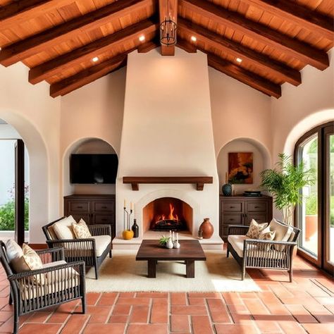 25 Spanish Style Fireplace Ideas for A Cozy Home Mediterranean Style Fireplace, Spanish Style Fireplace Living Room, Spanish Style Fireplace Ideas, Single Story Spanish Style Homes, Spanish Fireplace Ideas, Mid Century Spanish Style, Spanish Revival Fireplace, Southwest Fireplace, Mediterranean Fireplace