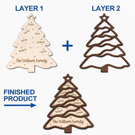 Explore the charm of wooden Christmas tree ornaments! Use laser cut designs and Glo Forge technology to create stunning decorations that celebrate the spirit of the season. Layered Christmas Ornaments, Laser Design Ideas, Laser Christmas Gifts, Laser Cut Christmas Ideas, Christmas Laser Projects, Cnc Laser Ideas, Christmas Laser Cut Ideas, Laser Cut Gift Ideas, Laser Cut Christmas Decorations