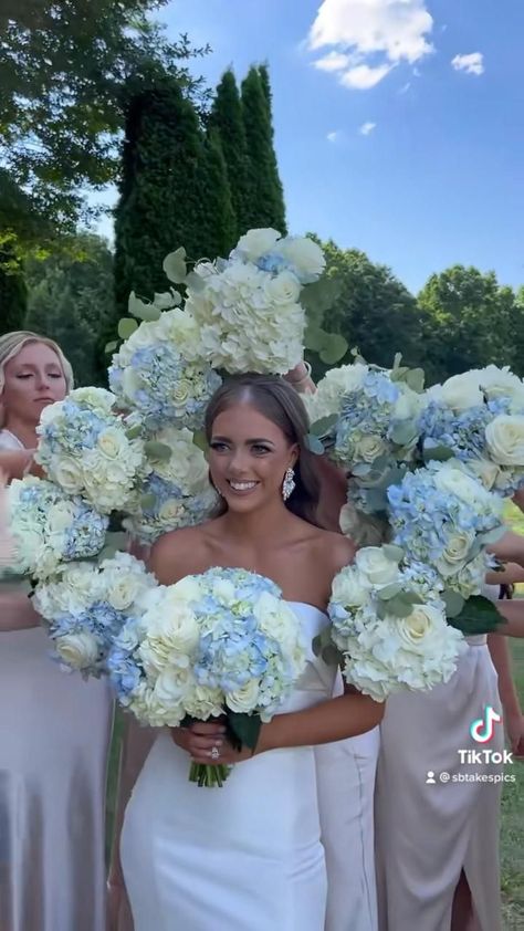 Bridal Bouquet With Blue Flowers, Light Blue Wedding Bouquet Brides, French Blue Wedding Bouquet, Light Blue White Wedding Theme, Hydrangea Wedding Bridesmaid Dresses, Spring Wedding Hydrangea, Blue And White Flower Arrangements Wedding, Blue And White Hydrangea Wedding Bouquet, White Hydrangea Bridesmaid Bouquet