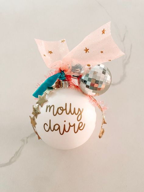 Clear Ornaments With Glitter Inside, Christmas Ornament Gifts From Kids, Disco Christmas Ornaments, Anthro Inspired Ornaments, Profitable Christmas Crafts, Disco Ball First Birthday, Preppy Christmas Decorations, Acrylic Disc Christmas Ornaments, Christmas Crafts To Sell For Kids