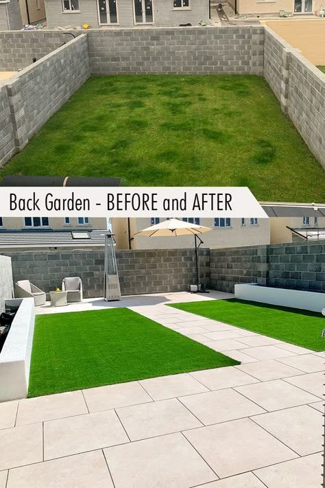 Modern Garden Layout Design, Garden With Slabs And Decking, Back Garden Transformation, Patio At End Of Garden, Tiles Garden Ideas, Paving Ideas Outdoor Small Area, Garden Renovation Before And After, Garden Paving Slabs Patio Ideas, Back Garden Paving Ideas