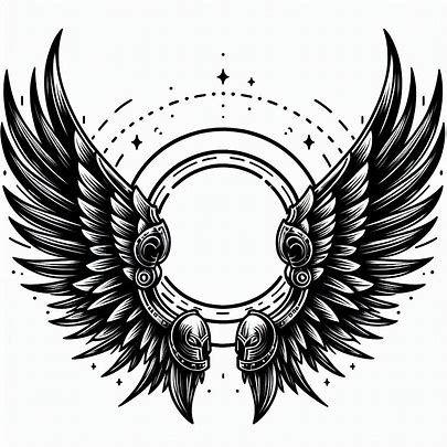 black and white tattoo style drawing of a pair of floating Valkyrie wings. The wings have armor on the leading edge. The wings are spread wide and frame a circle that is between them - Image Creator from Microsoft Designer Wings With Halo Tattoo, Halo With Wings Tattoo, Tattoo Circle Design, Armor Tattoo Design, Winged Warrior Tattoo, Valkyrie Wings Tattoo Back, Che Guevara Tattoo, Wing Ridden Angel Tattoo, Valkyrie Wings