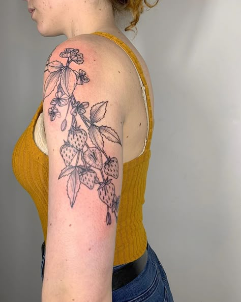 Botanical Shoulder Wrap Tattoo, Peony And Strawberry Tattoo, Mouse And Strawberry Tattoo, Strawberry Vine Arm Tattoo, Strawberry Leaves Tattoo, Strawberry Wrap Around Tattoo, Strawberry Floral Tattoo, Strawberry Plant Tattoo Black And White, Strawberry Meaning