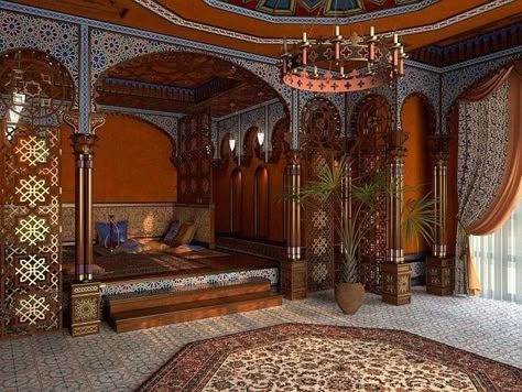 Middle Eastern Decor, Moroccan Room, Moroccan Bedroom, Dark Sun, Persian Architecture, Fantasy Rooms, Turkish Tiles, Moroccan Interiors, Islamic Architecture