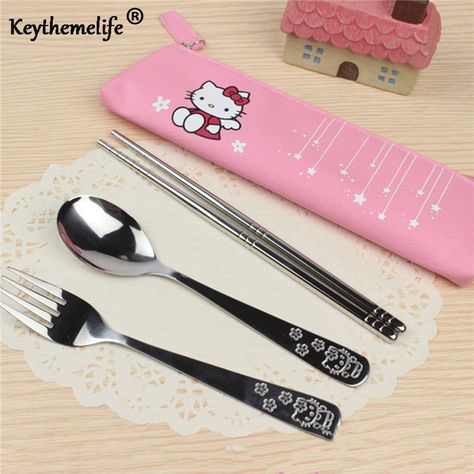 Keythemelife 3 pcs/set Funny Cartoon Stainless Steel Tableware Set Travel Camping Dinnerware Bag Portable BA Sanrio Eating, Cheap Dinnerware Sets, Hello Kitty Lunch, Hello Kitty Kitchen, Cutlery Set Stainless Steel, Hello Kitty Stuff, Kitty Stuff, Fork Set, Hello Kitty Items