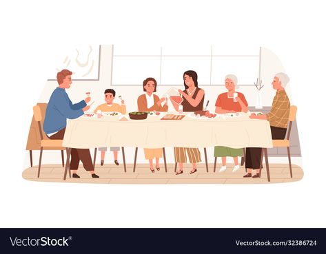 Eating Together Illustration, Dining Room Illustration, Sitting At Table, Wedding Motif, Meal With Friends, Room Illustration, Eating Table, Winter Illustration, Festive Dinner