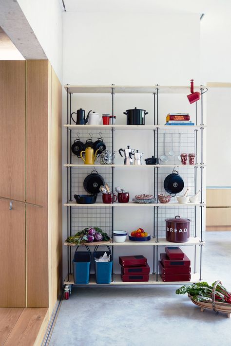 Shelf help: how to make this smart, functional kitchen shelving unit Metal Kitchen Shelves, Kitchen Shelving Unit, Kitchen Shelving Units, Food Shelf, Kitchen Shelving, Metal Bookcase, Metal Shelving Units, Floor Shelf, Kitchen Stand