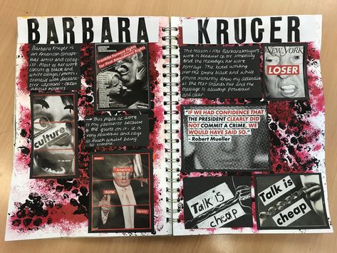 Artist research page Artist Research Page, Artist Research, Sketchbook Ideas Inspiration, Photography Sketchbook, Sketchbook Layout, Textiles Sketchbook, A Level Textiles, Barbara Kruger, Art Alevel