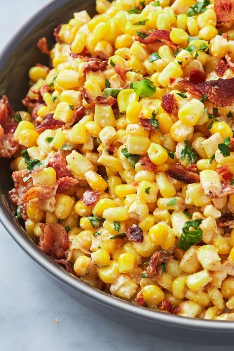 Bacon Jalapeño Corn Salad - Delish.com Bacon Jalapeño Corn Salad, Corn Bacon Side Dish, Corn And Bacon Side Dishes, Bacon Side Dishes, Grilled Green Beans, Jalapeño Corn, Roasted Corn Salad, Grilled Corn Recipes, Bacon Corn