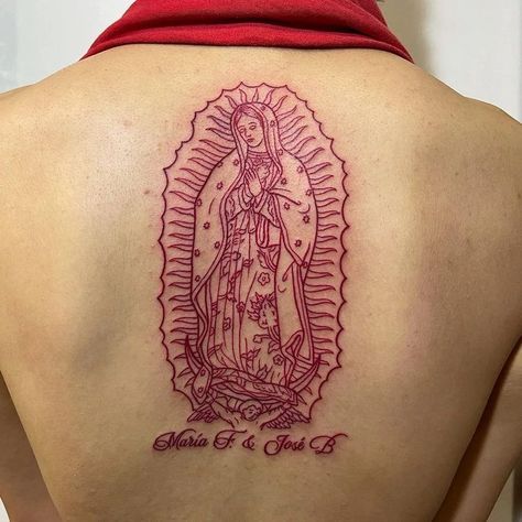 Red Ink Virgencita Tattoo, Red Ink Virgin Mary Tattoo, Red Medium Tattoos, Virgin Mary Spine Tattoo, Virgen De Guadalupe Tattoo Ideas Back, Virgencita Back Tattoo, Virgin Mary Tattoo For Women On Back, Mexican Back Tattoo Women, La Virgencita Tattoo