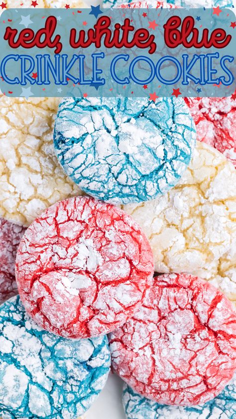 A pin graphic with one overhead image and a text box at the top. Blue Crinkle Cookies, Cake Mix Crinkle Cookies, Red White Blue Cake, Cool Whip Cookies, Patriotic Treats, Fourth Of July Celebration, Crinkle Cookies Recipe, Lemon Crinkle Cookies, Cookies From Scratch