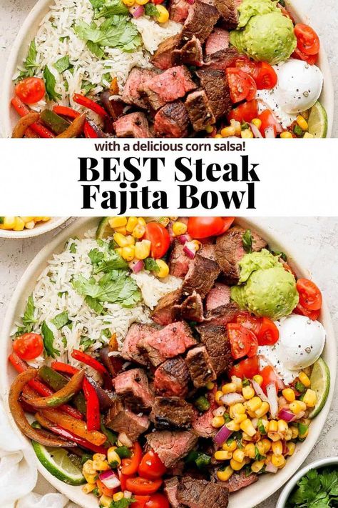 Steak Fajita Bowl - an absolutely delicious steak fajita rice bowl that is kid-friendly and packed with flavor! Great for meal prep! #steakfajitabowl #steakfajitabowlrecipe #steakfajitabowlshealthy #steakfajitabowlmealprep Beef Fajita Salad Bowl, Beef Fajita Salad, Healthy Meal Prep Steak, Healthy Beef Fajita Recipe, Healthy Fajita Bowl Meal Prep, Steak Fajita Bowls With Garlic Lime Rice, Flank Steak Rice Bowl, Teriyaki Steak Bowl Recipe, Steak Burrito Bowl Meal Prep