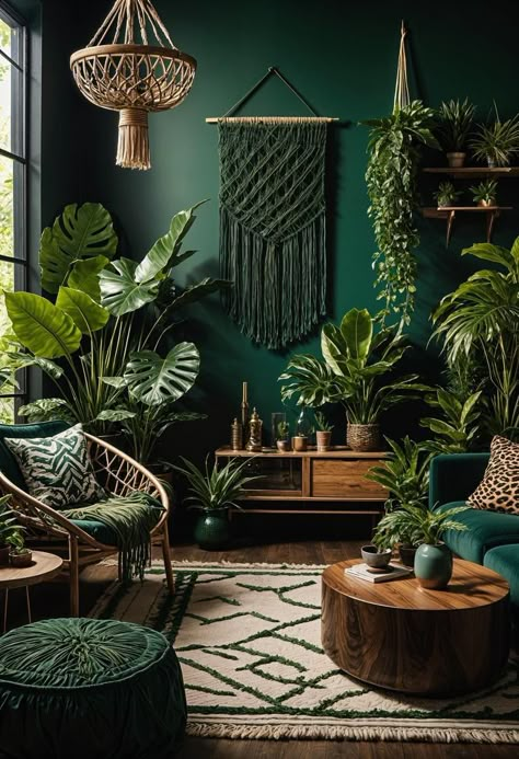 Boho Industrial Living Room, Dark Boho Living Room, Boho Living Room Inspiration, Dark Boho, Living Room Transformation, Deco Jungle, Plant Decor Indoor, Living Room Green, Room With Plants