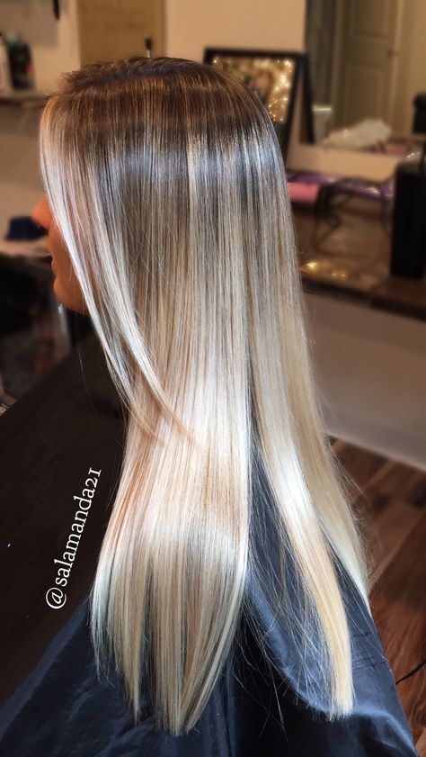 Pearl Balayage Brunettes, Platinum Blonde Ends, High Balayage, Bombshell Blonde Balayage, Blonde Balayage On Dark Hair Straight, High Contrast Balayage Blondes, Platinum Blonde Highlights On Brown Hair Straight, Brown Into Platinum Blonde, Platinum Blonde Balayage On Dark Hair