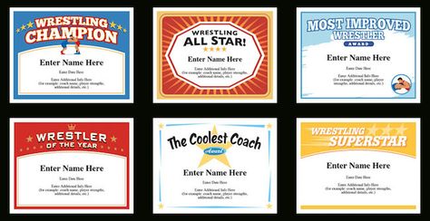 Awesome wrestling award certificate templates. Simple to fill in the blanks and the results are amazing. Personalize to each wrestler. Perfect for sports banquets and mid-season pick-me-ups. Wrestler awards, sports certificates, Certificate templates, Youth Wrestling, Wrestling Coaching. Soccer Certificates, Softball Awards, Fantasy Football Gifts, Soccer Awards, Youth Wrestling, Wrestling Gift, Wrestling Coach, Wrestling Team, Award Template