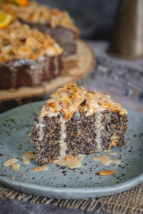 Are you looking for a tasty holiday cake? This orange almond poppy seed cake is deliciously moist with a luscious caramel sauce topping. Even better, the cake is naturally gluten free so everyone can have a slice. #orange #almond #poppyseed #cake Paleo Poppyseed Cake, Recipe With Poppy Seeds, Gluten Free Poppy Seed Cake, Poppy Seed Baking, Poppy Seed Recipes Healthy, Orange Almond Poppy Seed Cake, Vegan Poppy Seed Cake, Polish Poppy Seed Cake, Poppyseed Dessert Recipes